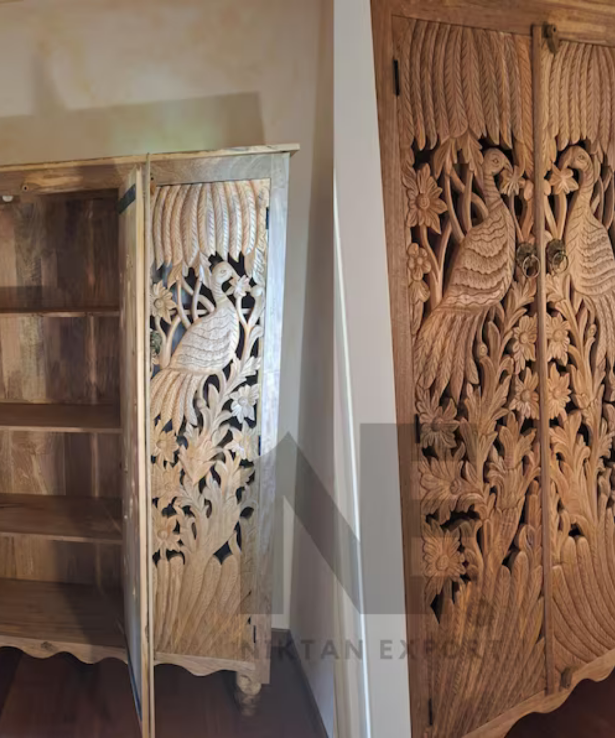 three door solid wood armoire with carved design