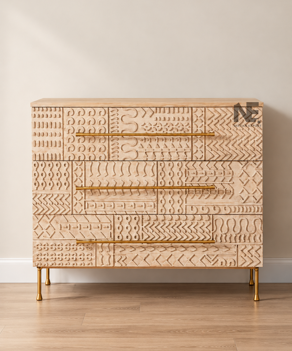 Geometric carved wooden dresser with natural light wood finish