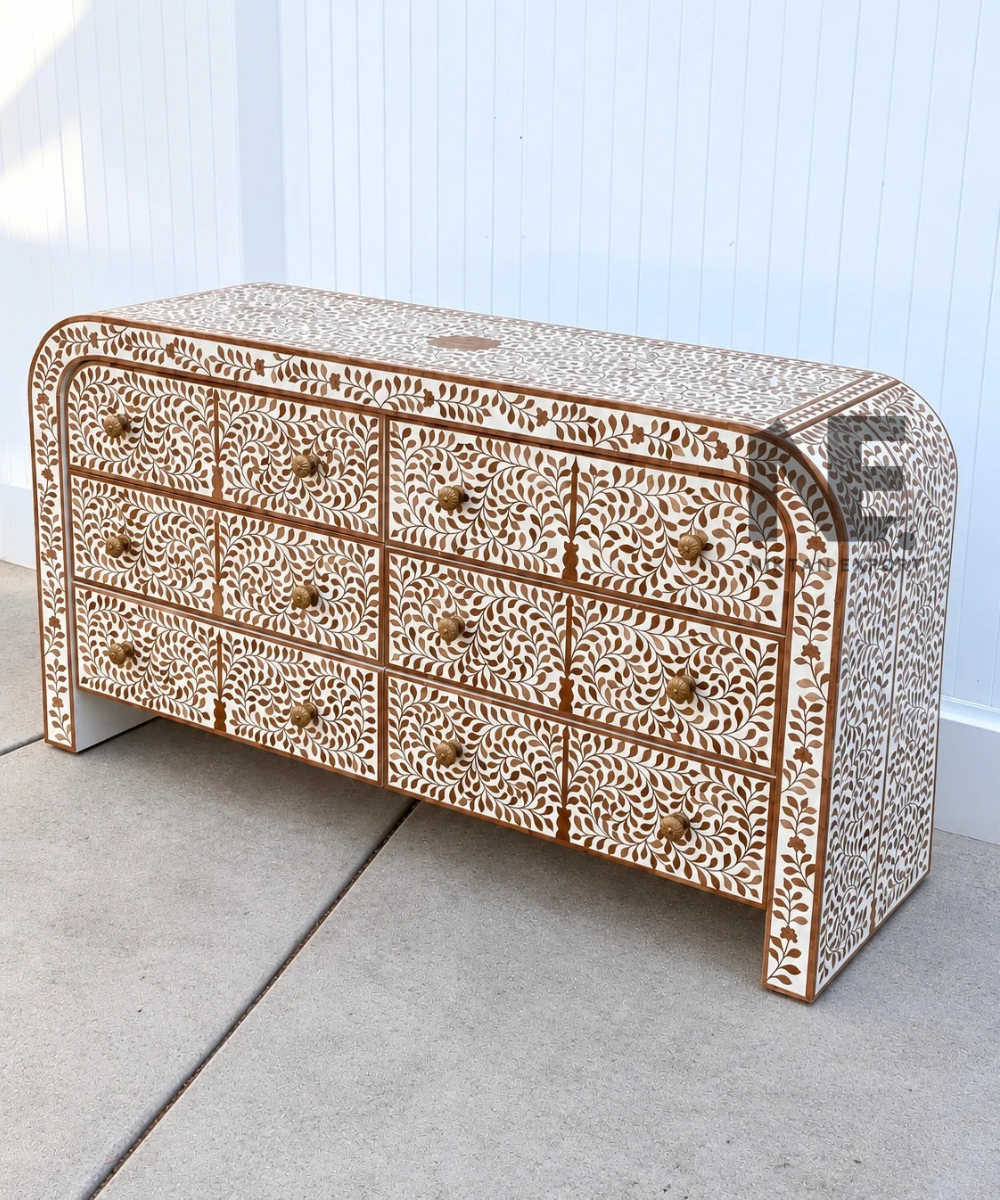 Bone Inlay Dresser – 6-Drawer Floral Vine Wooden Chest
