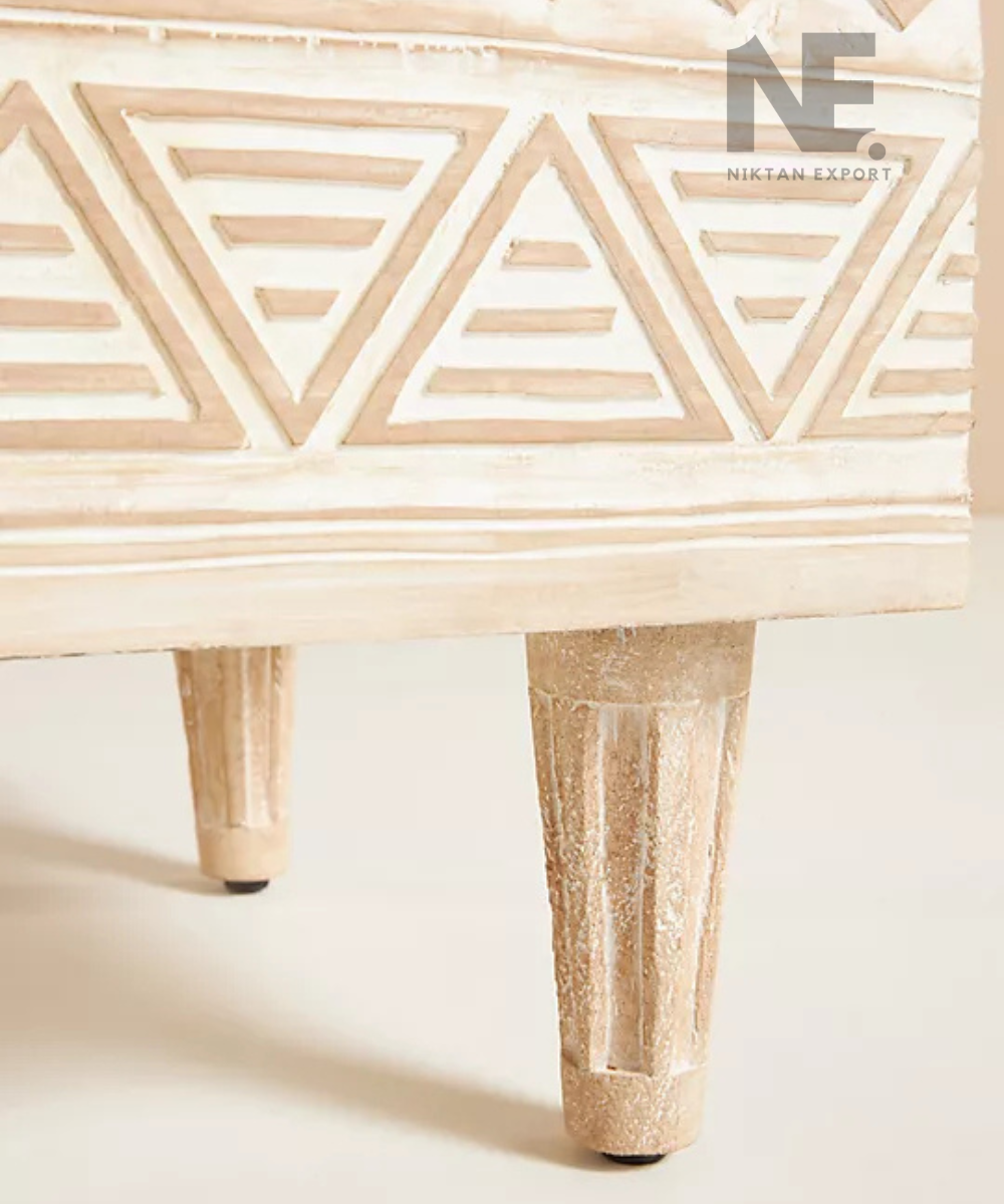 Open wooden bar cabinet showing interior storage compartments