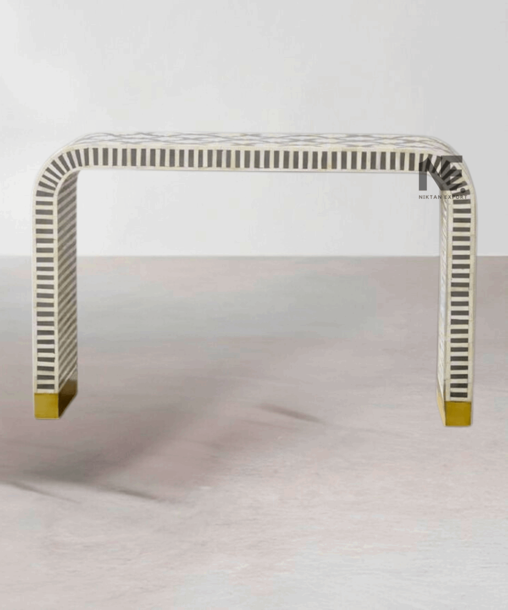 Close-up of bone inlay detailing on the tabletop