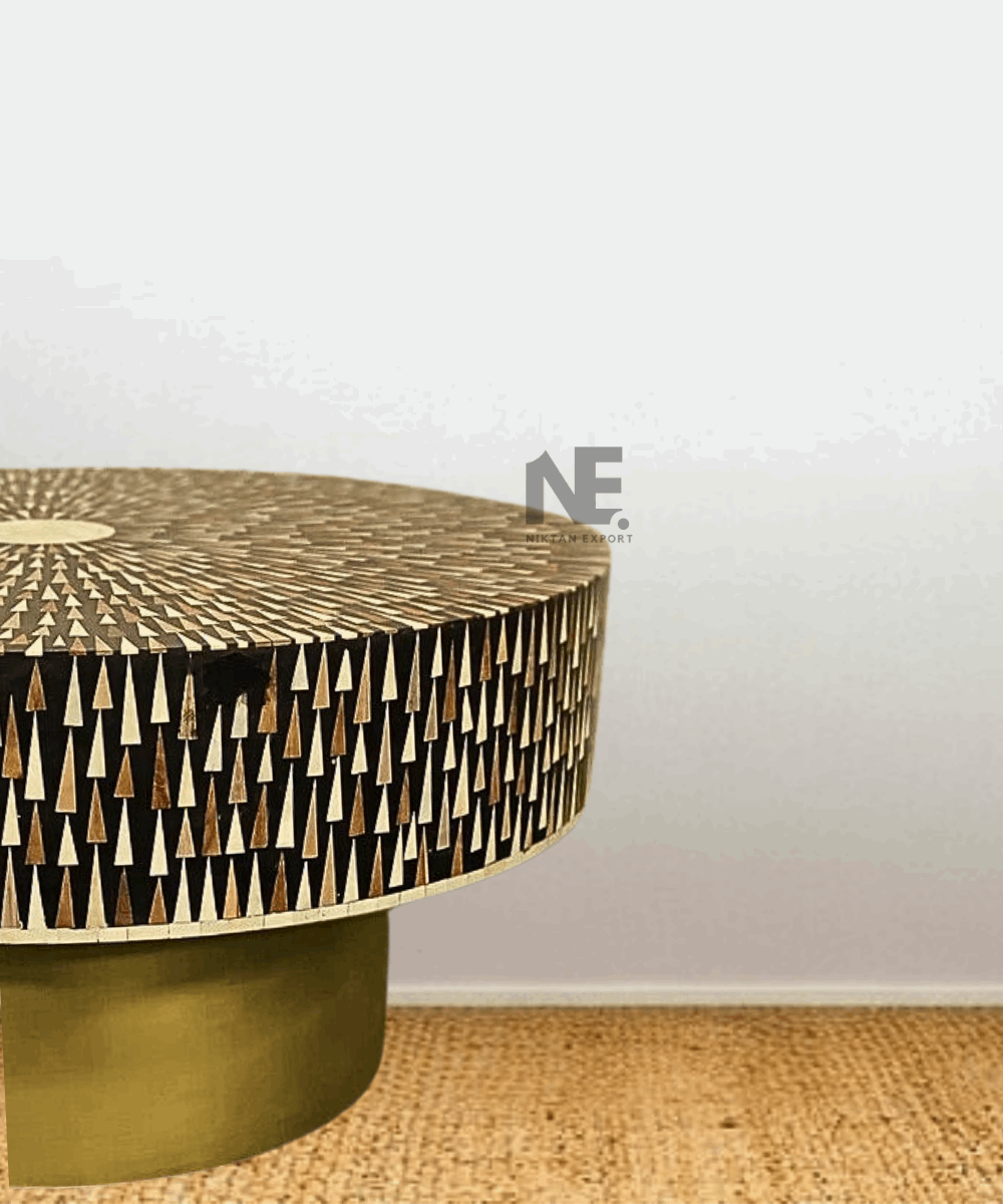 Sun Rays Inlay Bone Inlay Round Coffee Table – Sun Ray Design with Foldable Brass Leg