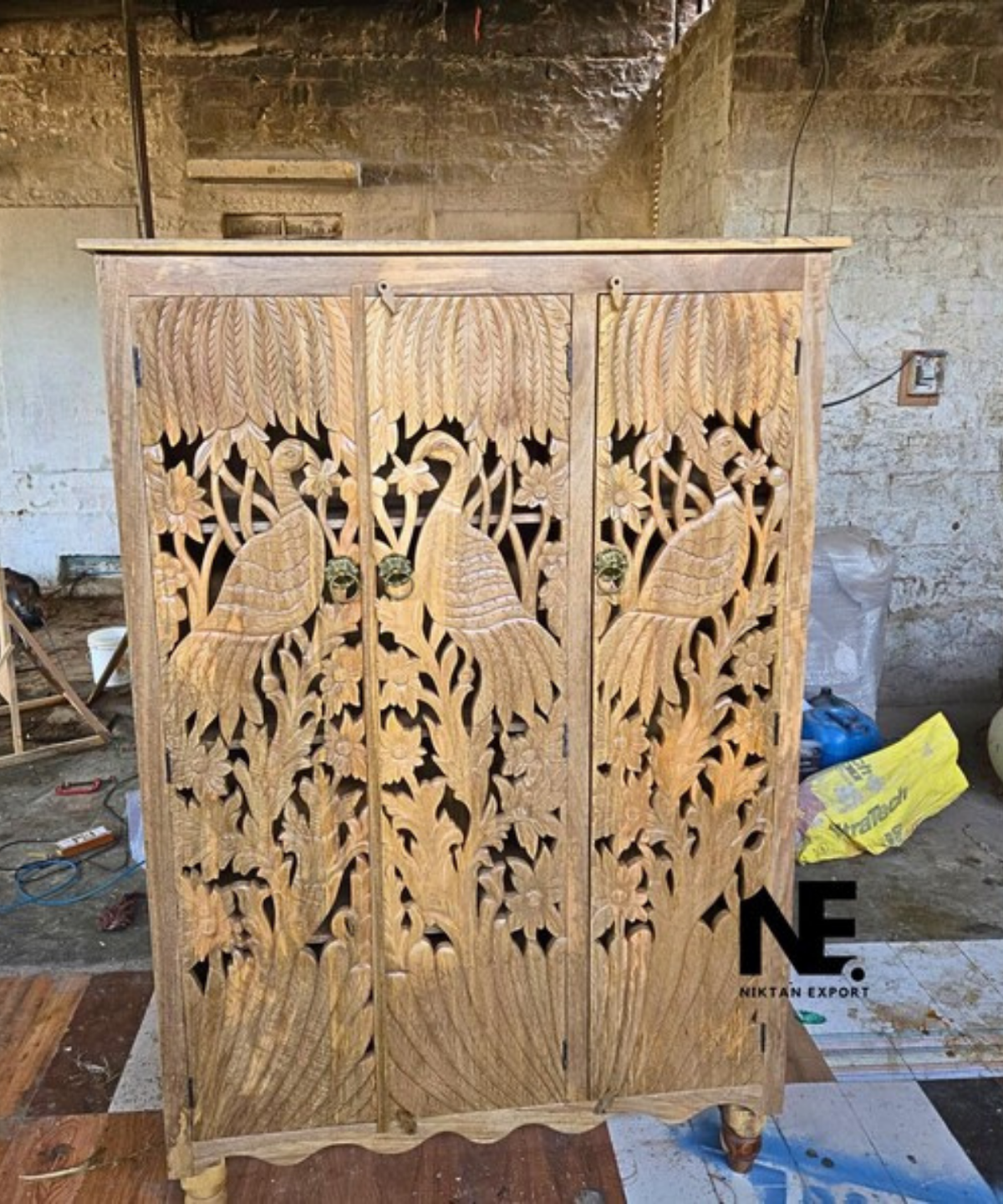 custom three door wooden wardrobe with peacock carving