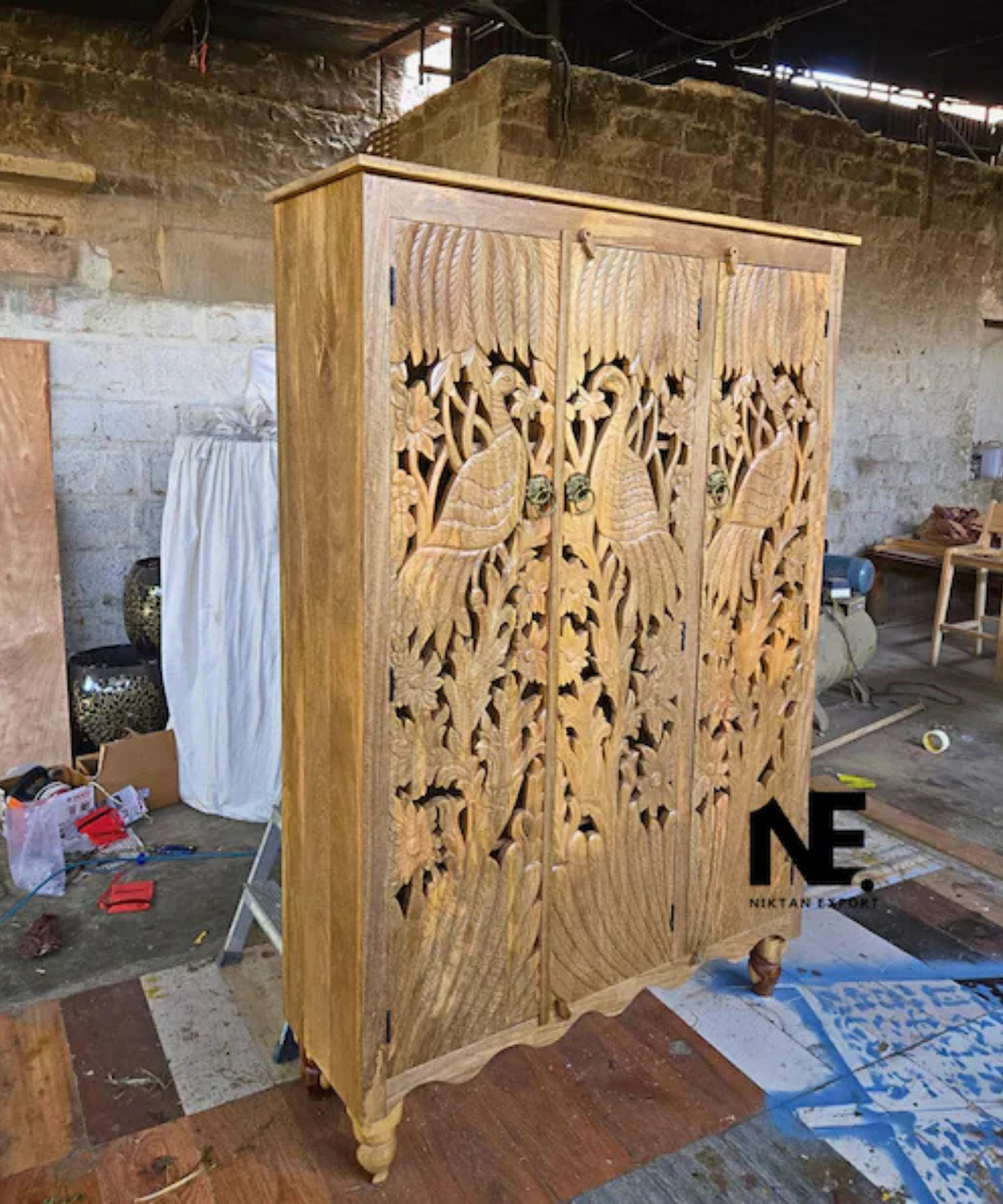 peacock carved solid wood armoire