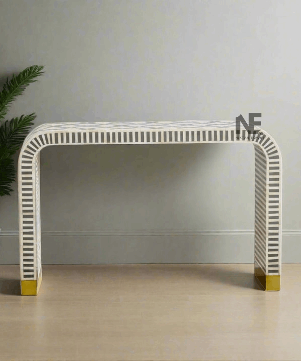 Front view of bone inlay console table with shell pattern design