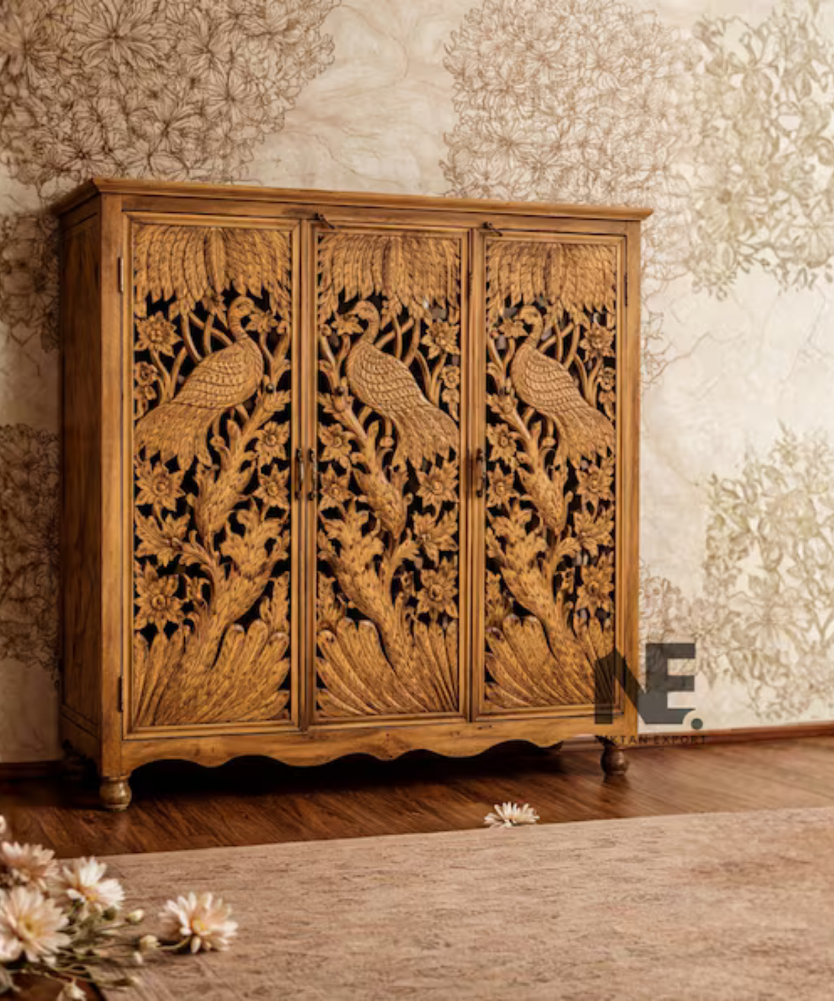 hand carved peacock wooden wardrobe