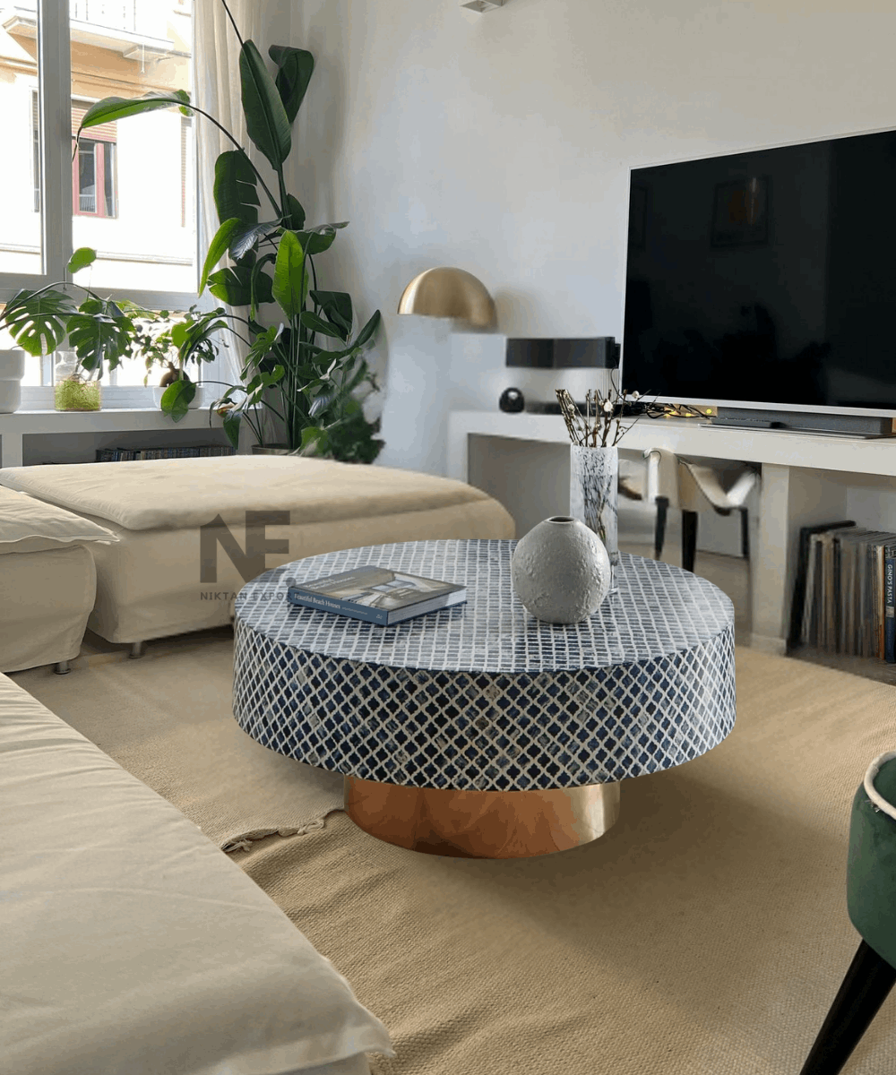 Blue bone inlay round coffee table – front angle