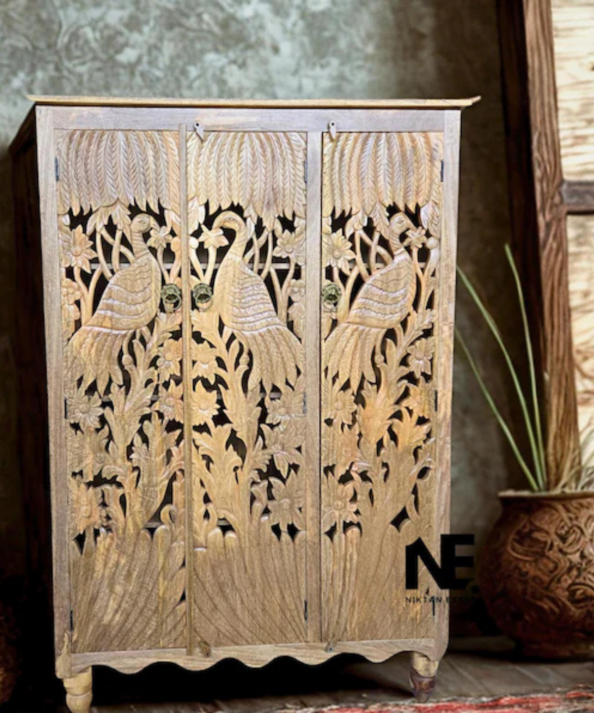 Indian handmade wooden wardrobe with floral carving