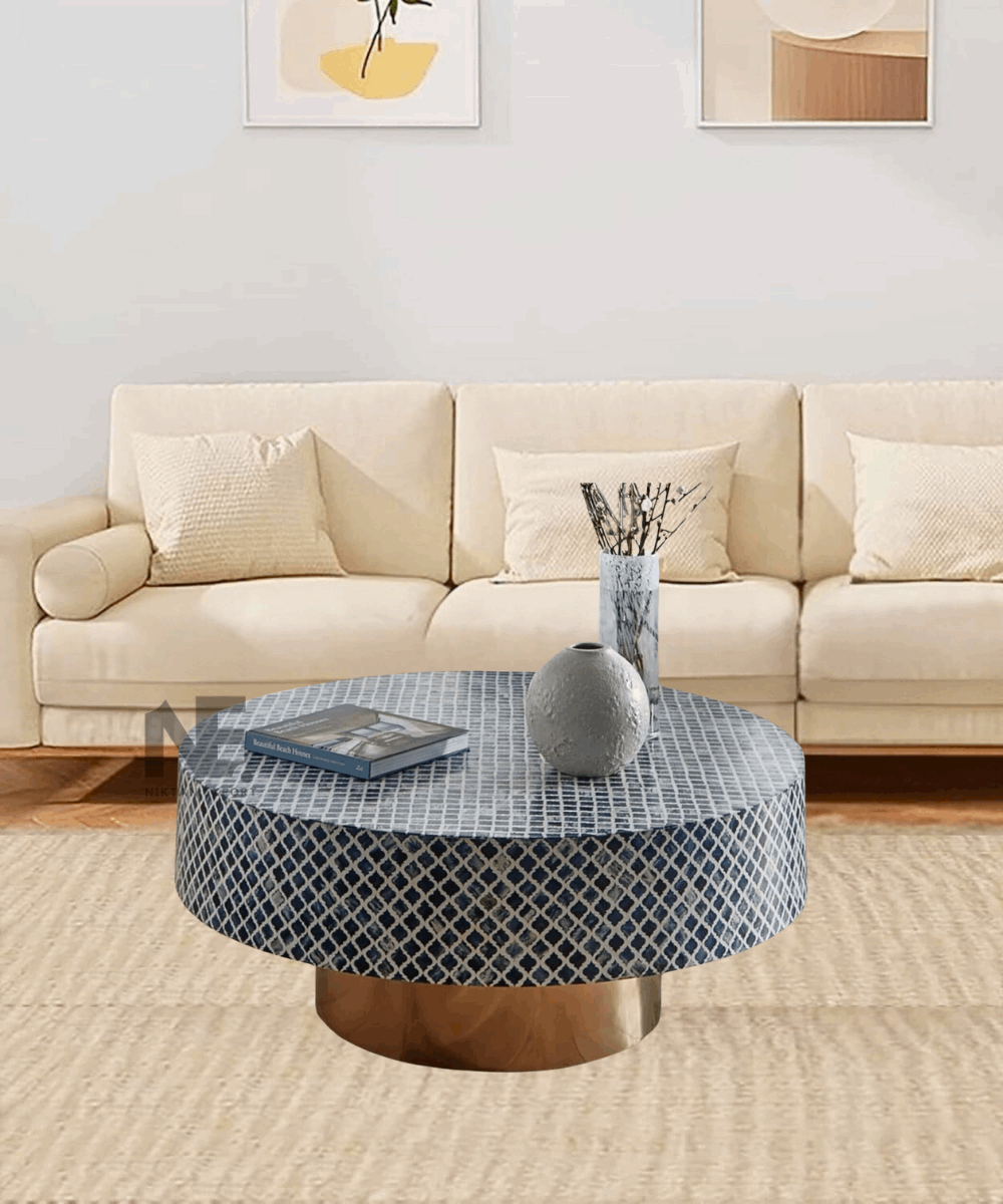 Geometric pattern detail in white inlay on blue surface