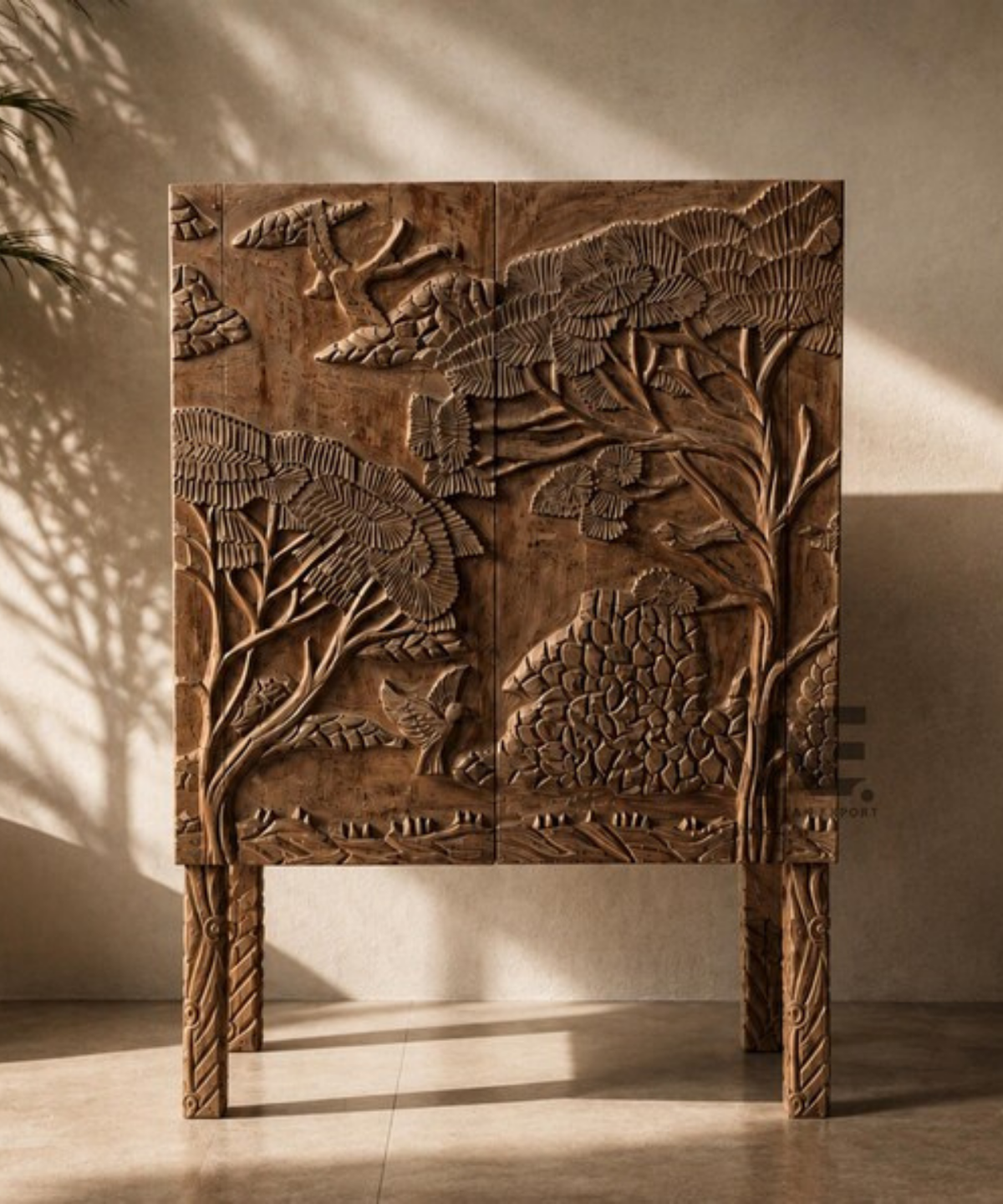 landscape carved bar cabinet with trees and birds