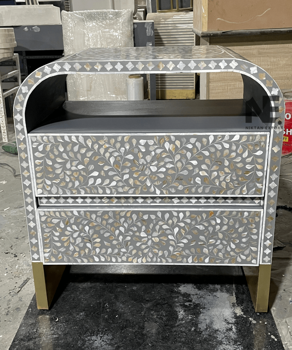 Front View of Ebony Essence Grey Mother of Pearl Nightstand