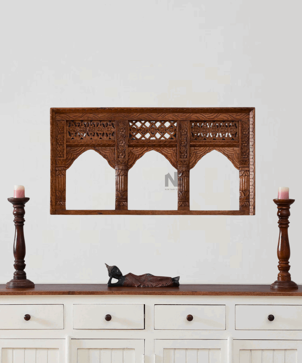 Hand Carved Mango Wood Jharokha Wall Hanging – Front Full View