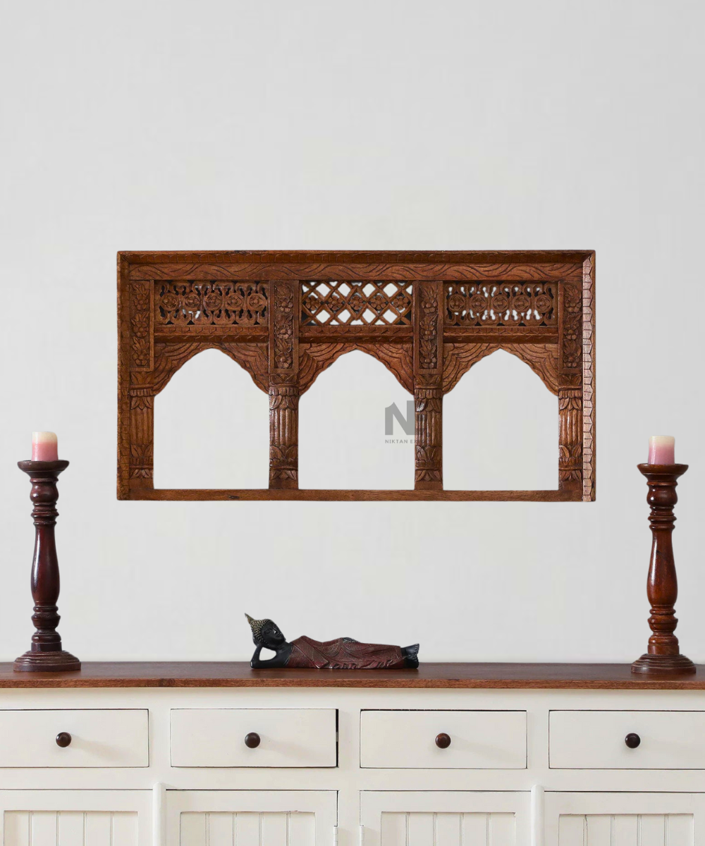 Hand Carved Mango Wood Jharokha Wall Hanging – Front Full View