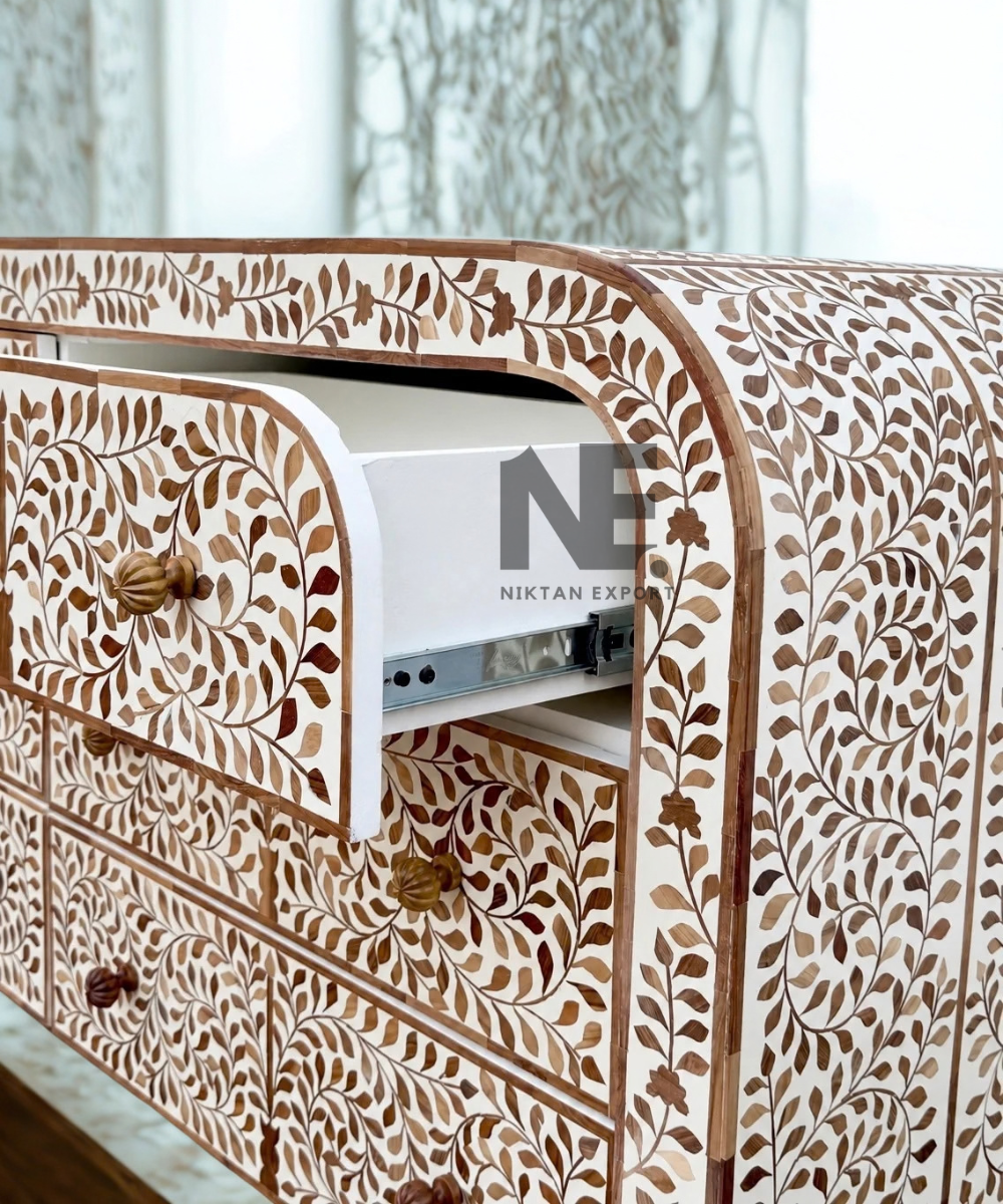 Bone Inlay Dresser – 6-Drawer Floral Vine Wooden Chest