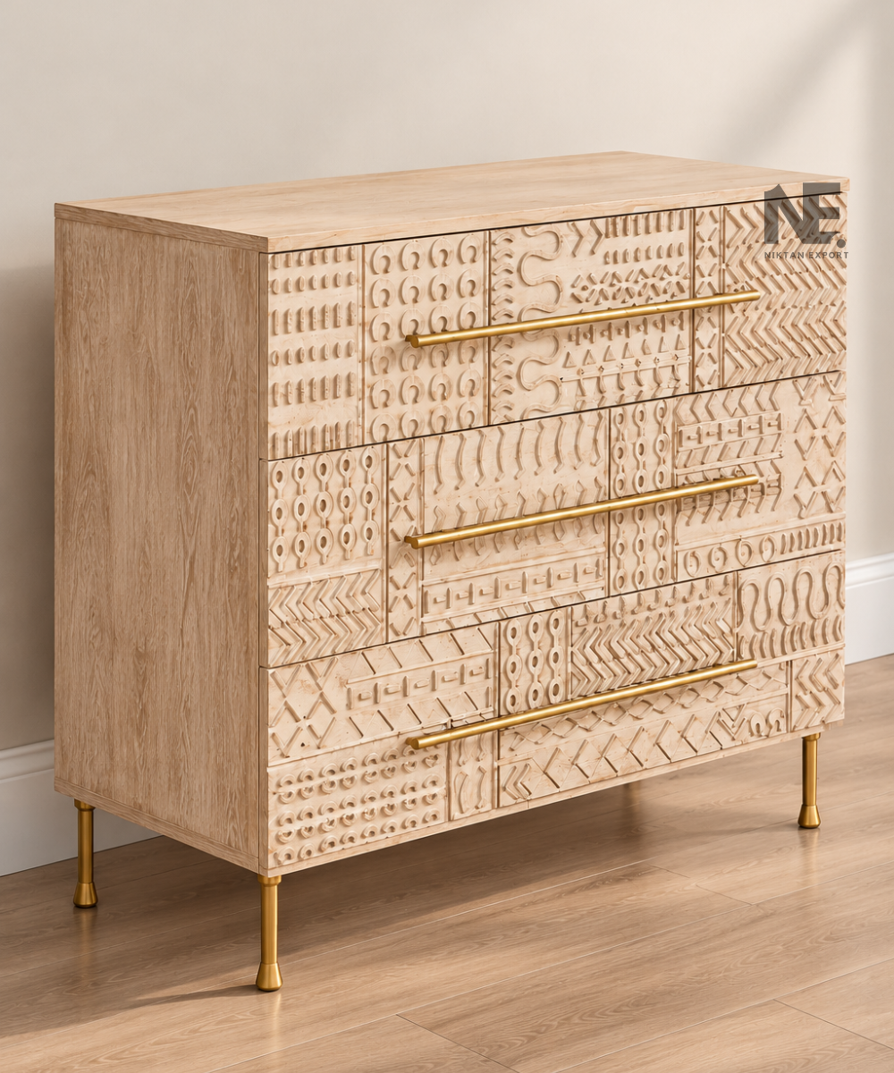 Front view of wooden dresser with geometric carved drawer fronts