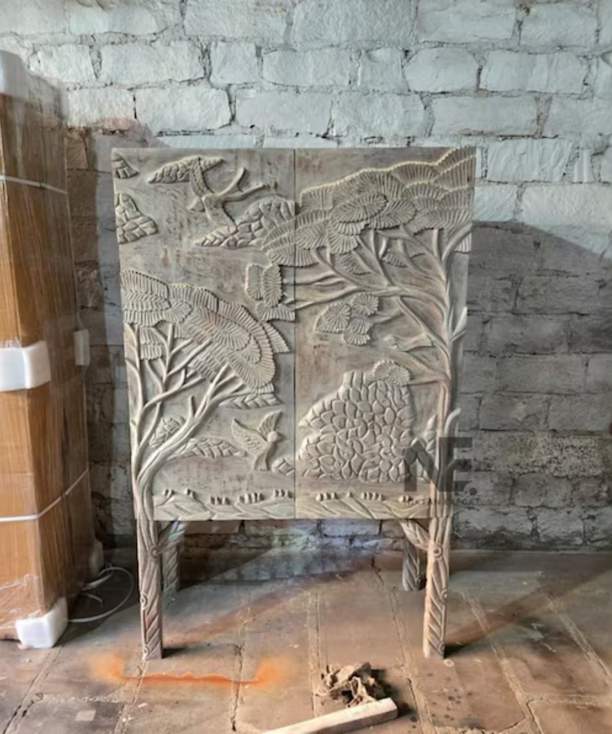 hand carved wooden liquor cabinet