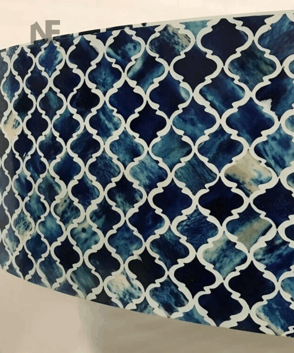 Side angle of blue and white round inlay table