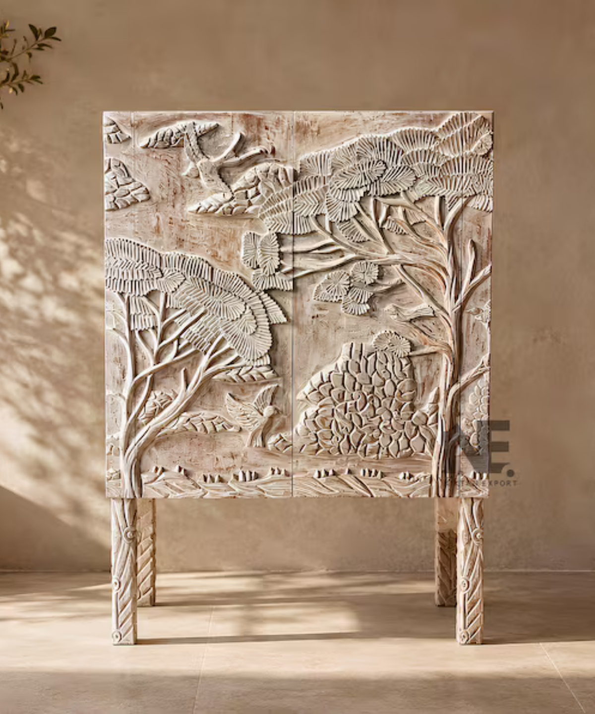 hand carved landscape bar cabinet