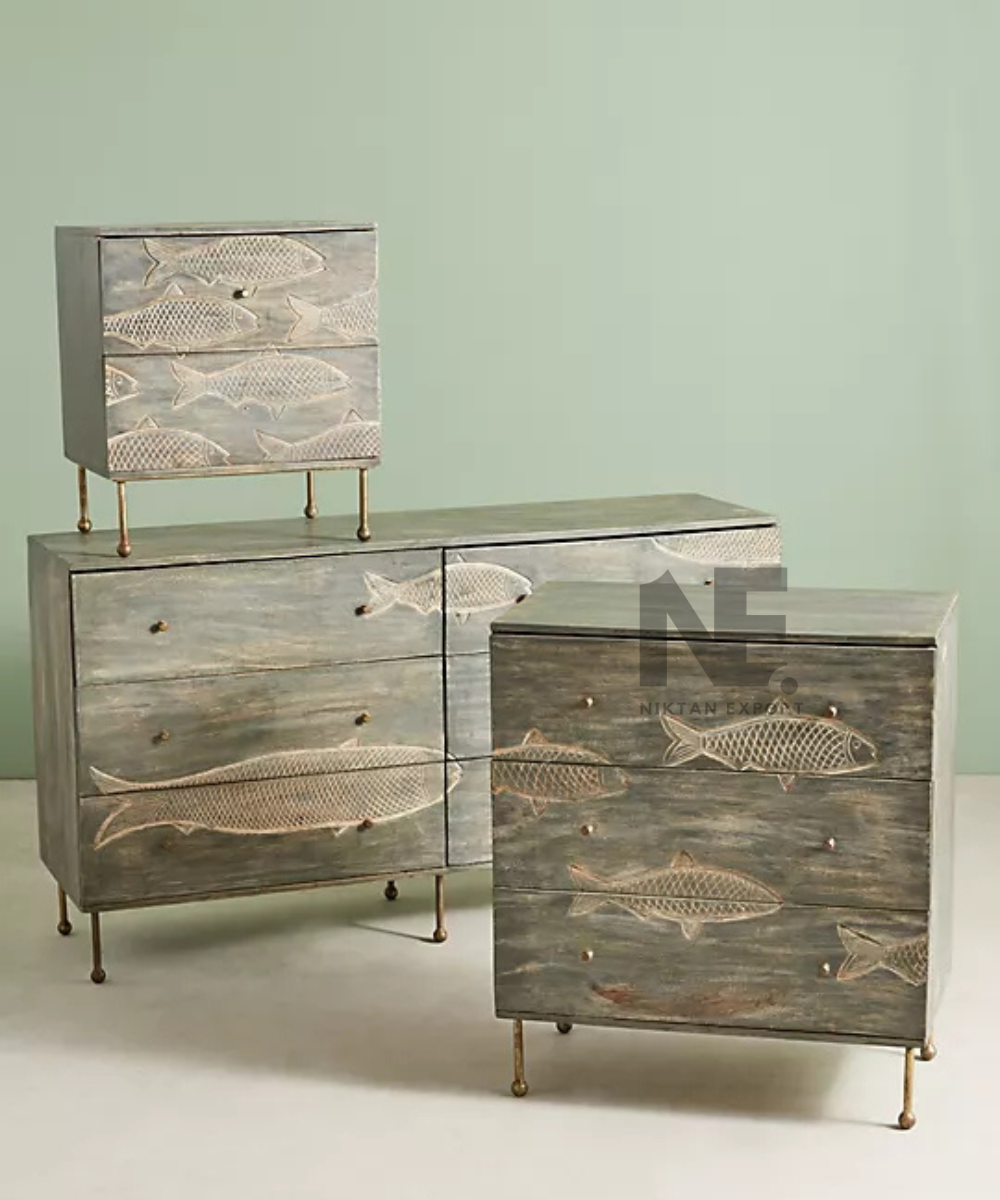 Rustic wooden sideboard with coastal-inspired fish detailing