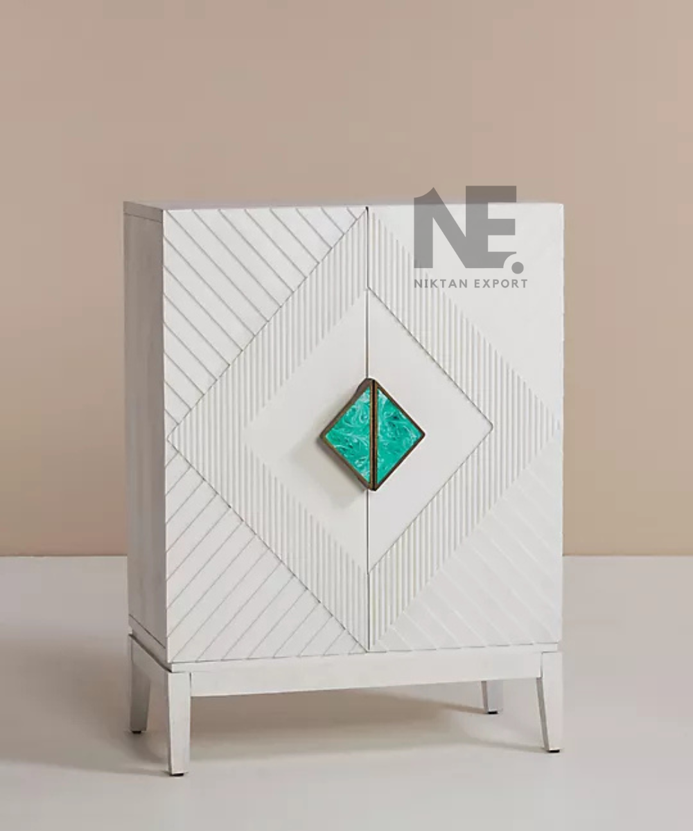 Front view of white two-door geometric storage cabinet