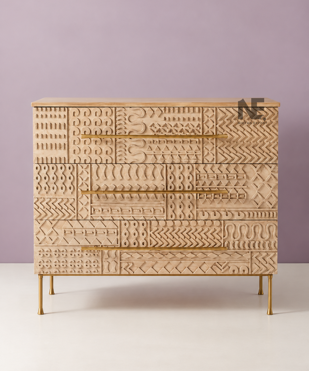 Close-up of geometric patterns on carved wooden dresser