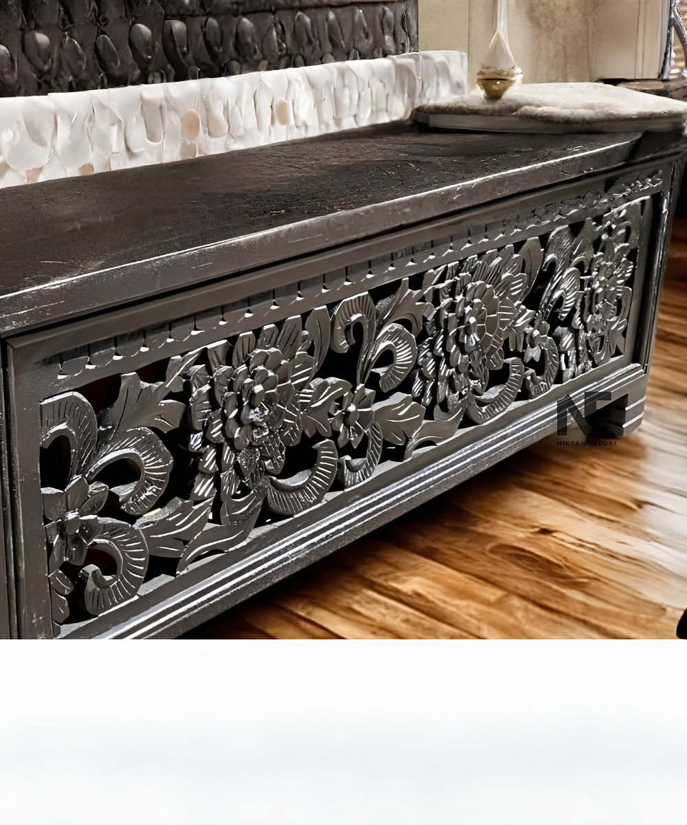 Hand-carved wooden storage trunk
