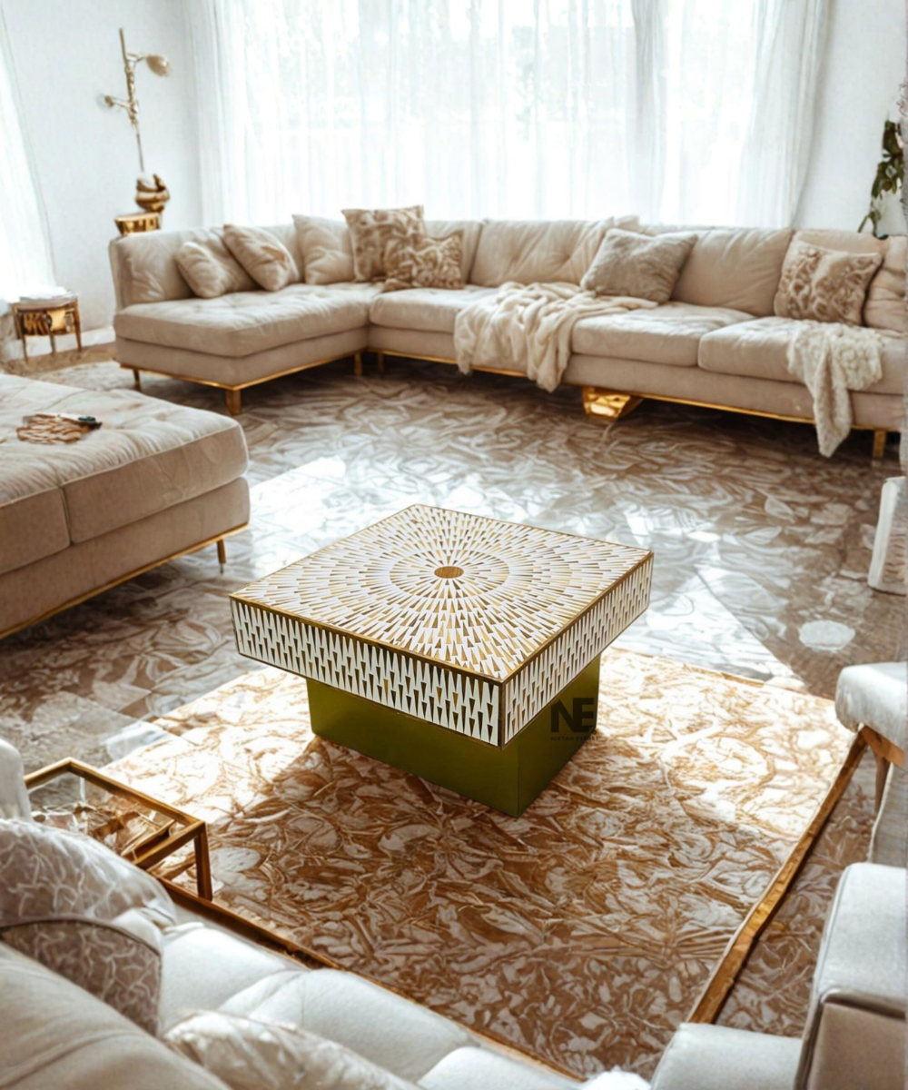 Handmade bone inlay coffee table with sun ray design