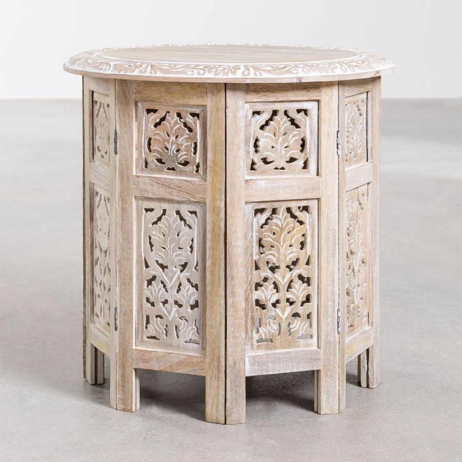 Handcarving Folding BedSide Table in Mango Wood - NikTan Export