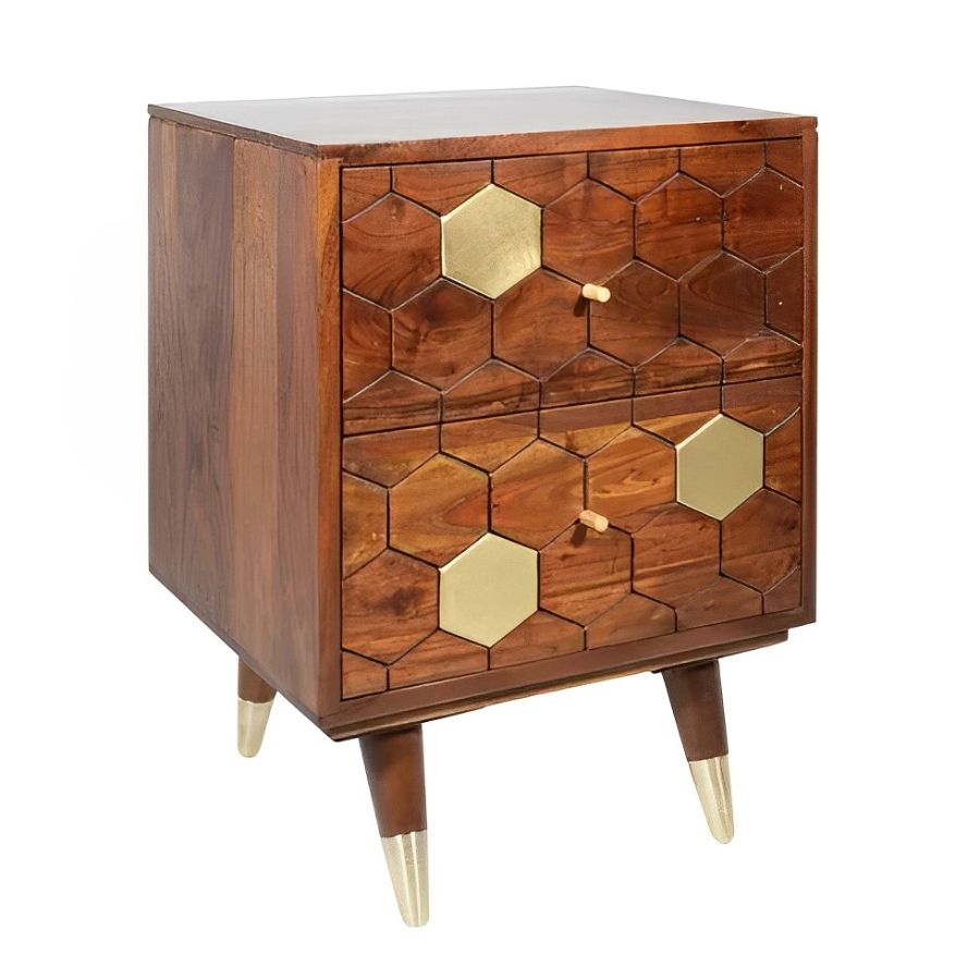 Acacia Wood Massive Bedside Table 40cm Brown Gold Retro Design - NikTan Export