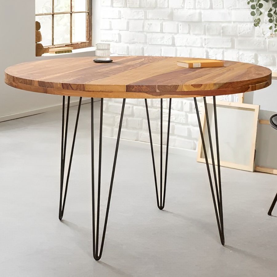 Sheesham Round Massive Dining Table 120cm with Hairpin Legs