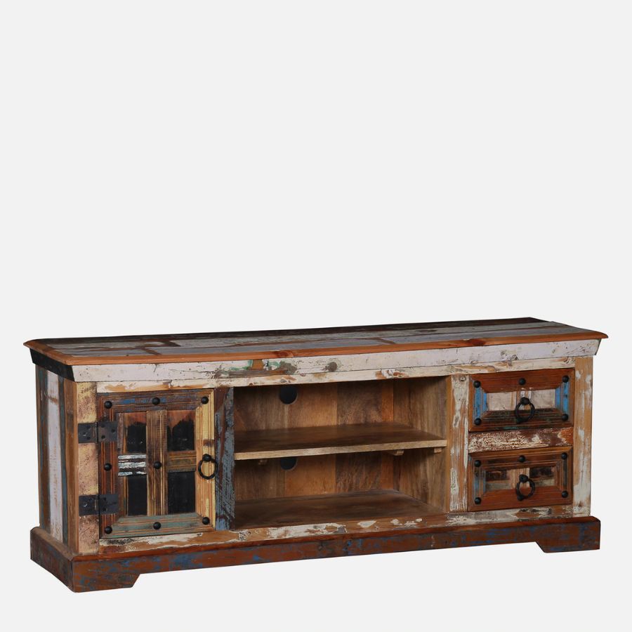 Jhalamand Reclaimed Wood TV Console In Distress Finish - NikTan Export