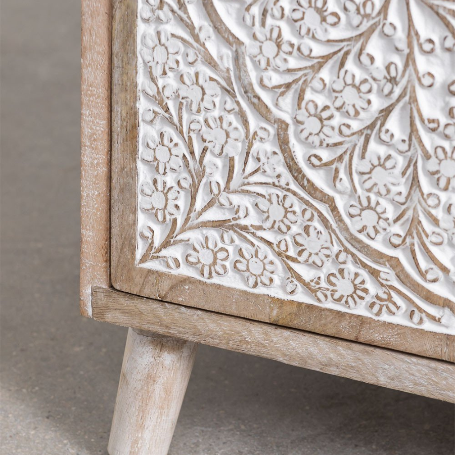 Handcarving Bedside Table Distressed Finished - NikTan Export