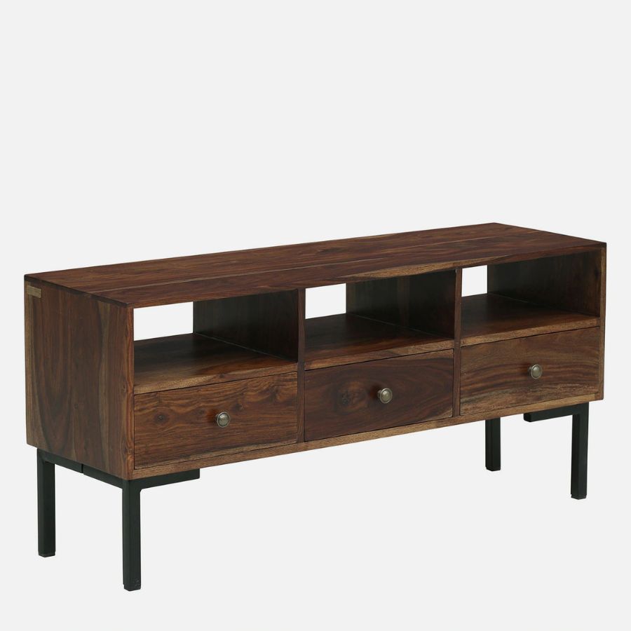 Jhalamand Sheesham Wood TV Console In Rustic Teak Finish For TVs Up To 43"