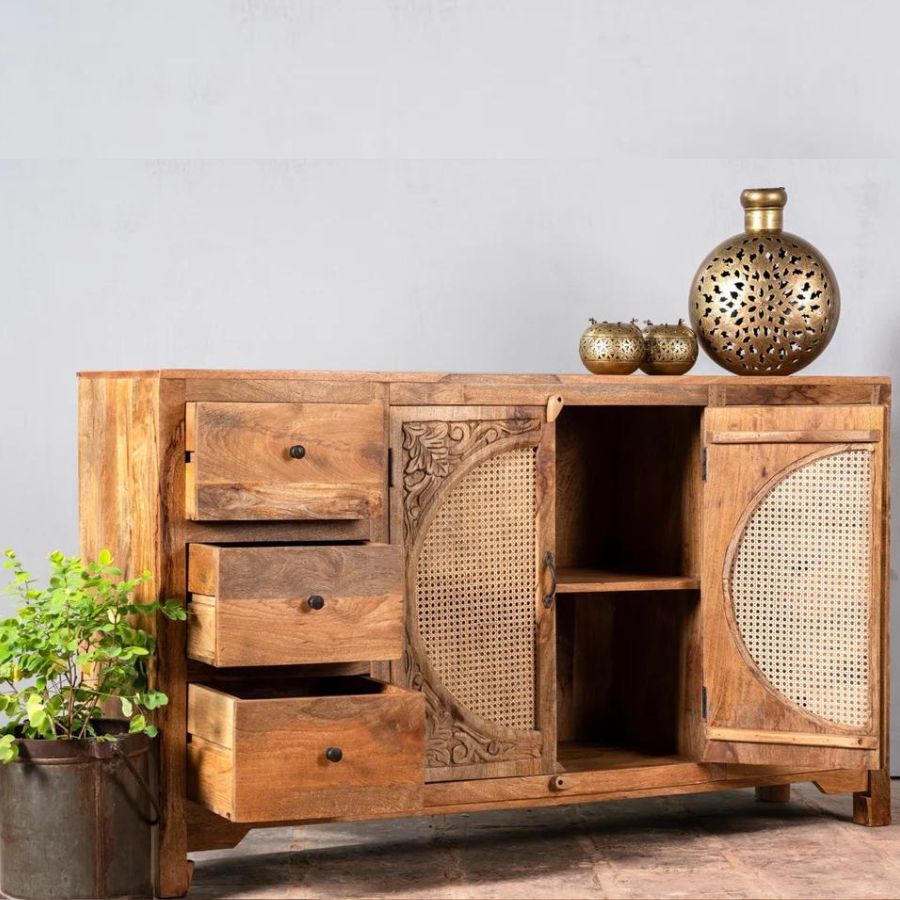 Solid Wood Natural Cane Sideboard