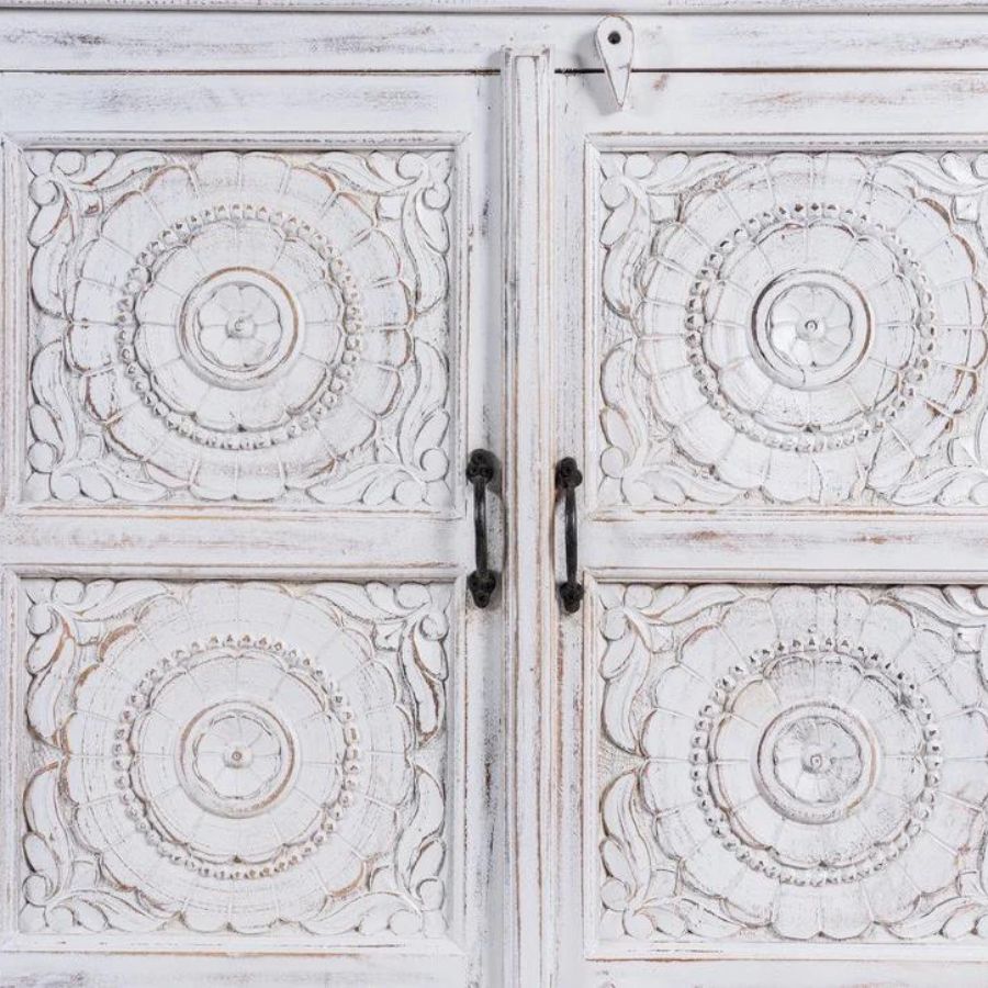 Hand Carved Floral Design Sideboard White Distressed - NikTan Export