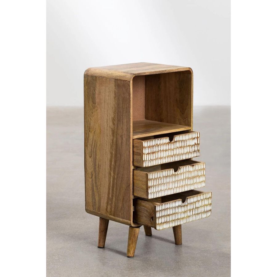 Hand Carved Bedside Table with 3 Drawers - NikTan Export