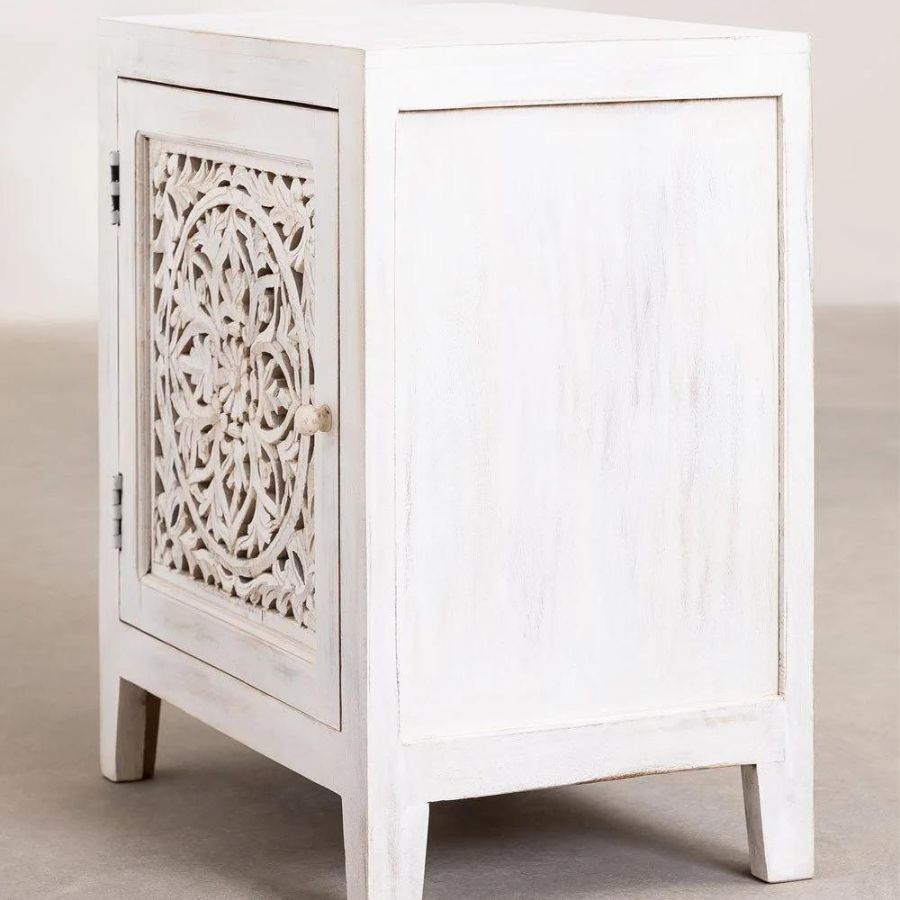 Hand Carved White Bedside Table - NikTan Export