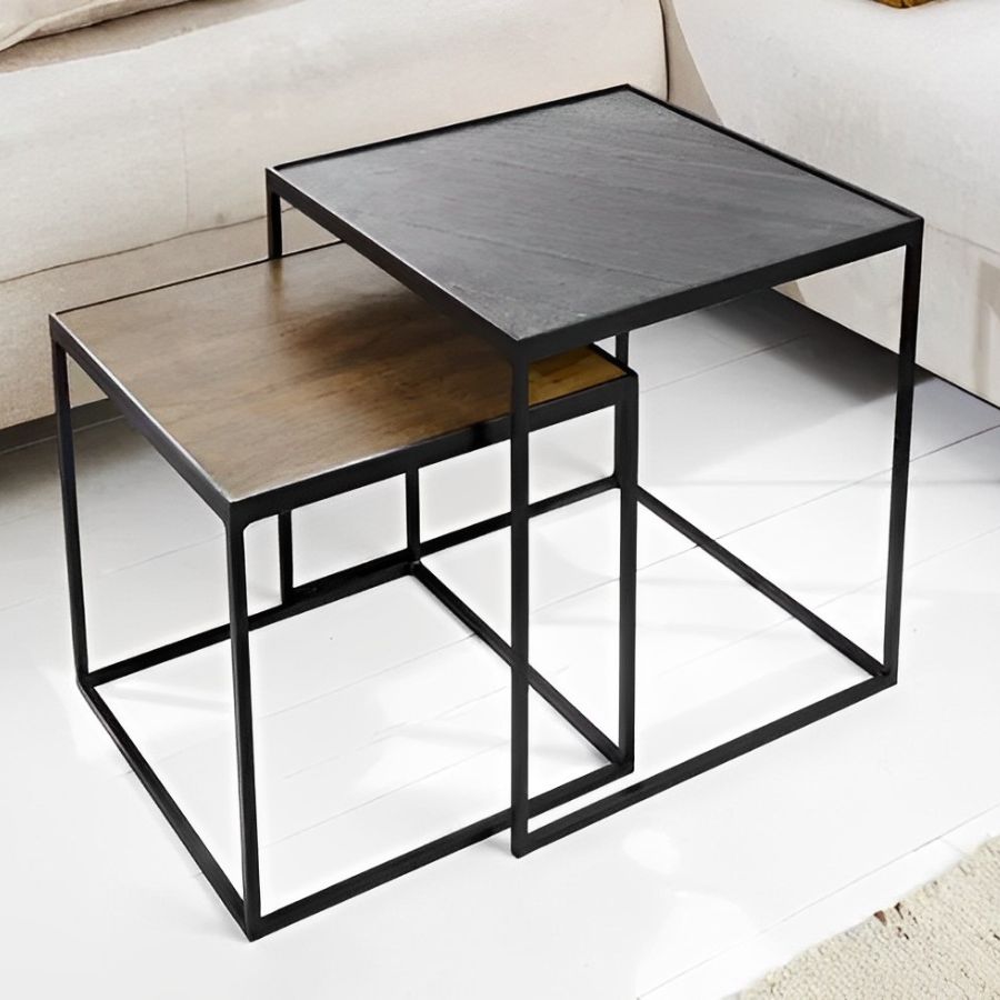 Industrial Set of 2 Coffee Tables FIRE &amp; EARTH 44cm Mango Wood Slate Metal - NikTan Export