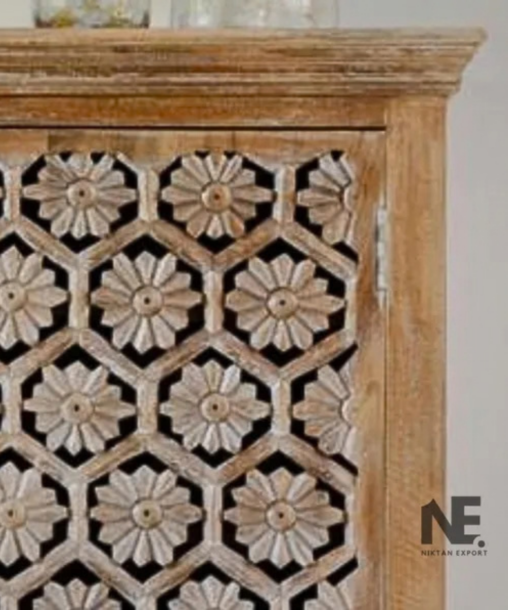 mango wood armoire with floral petal carving