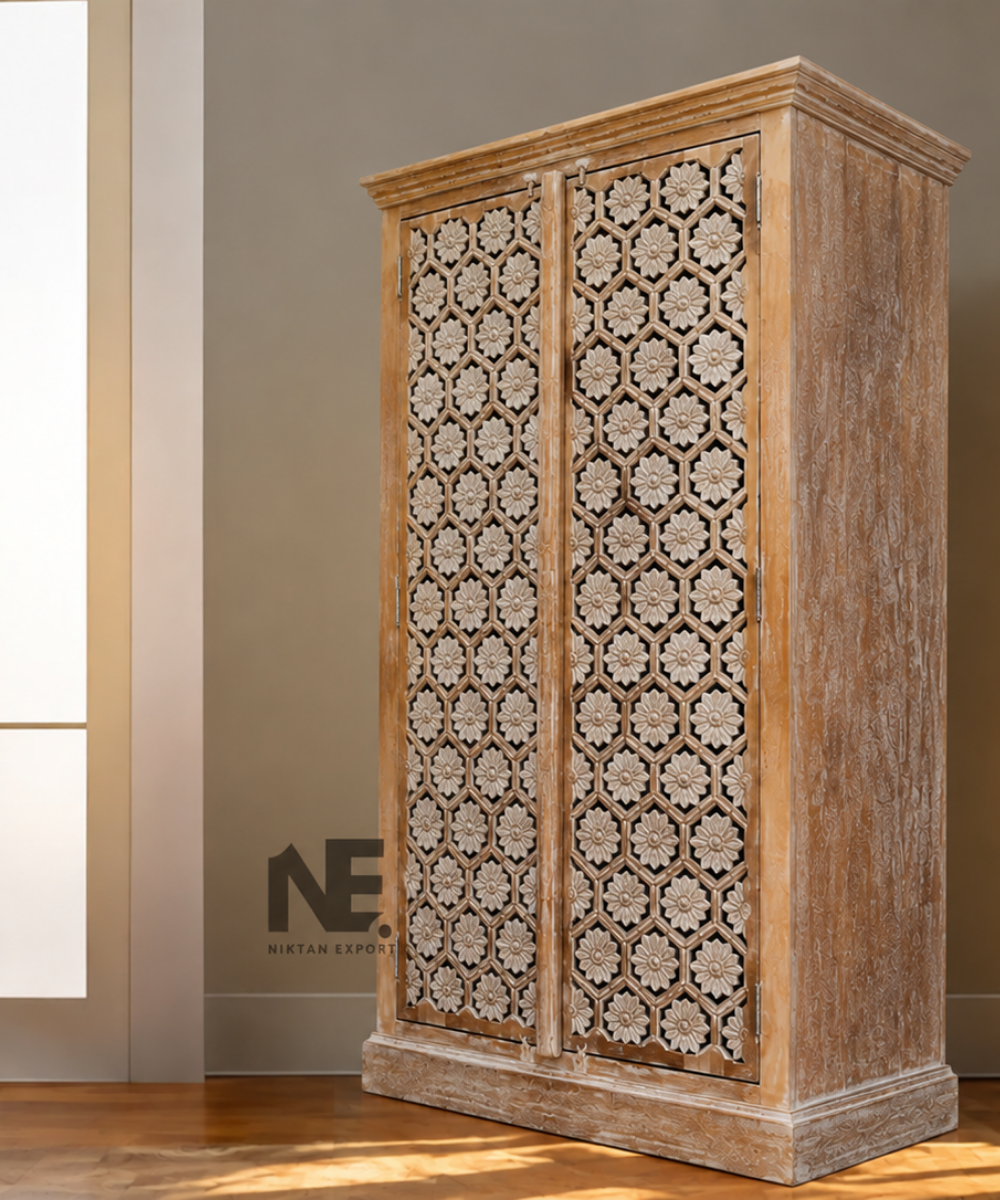 solid mango wood armoire with carved doors