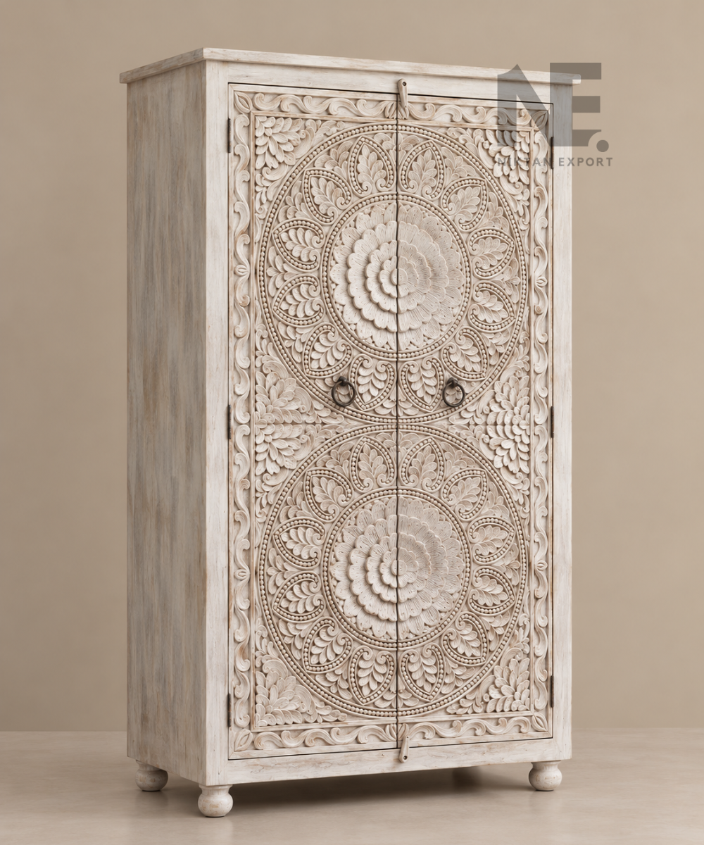 Traditional wooden storage cabinet with ornate door panels