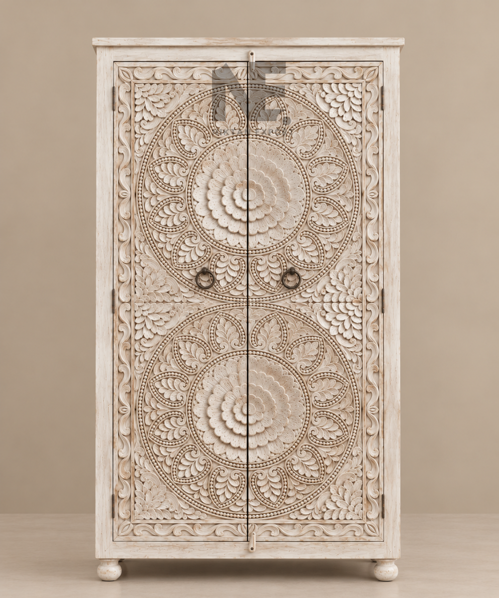 Warm brown carved armoire with dark ring handles