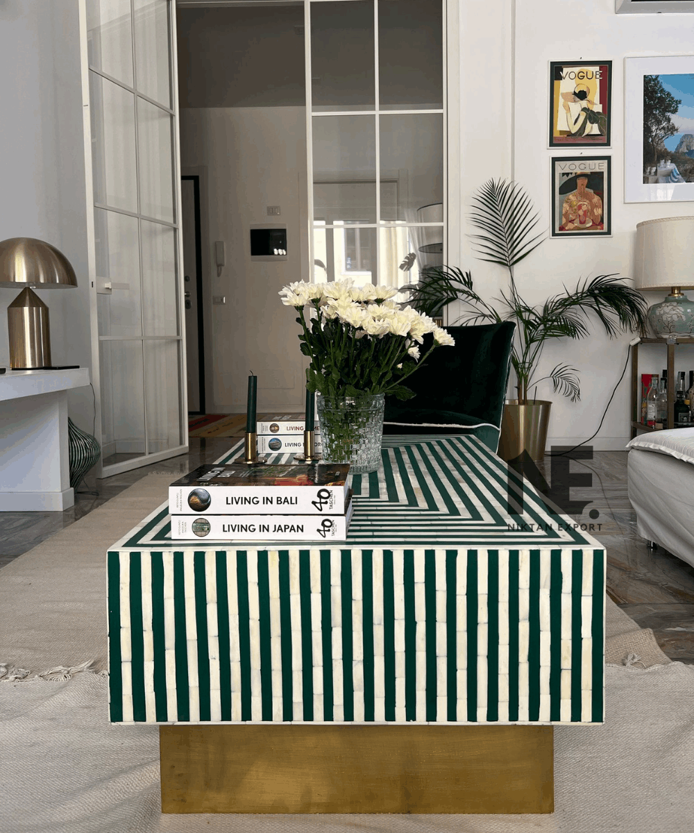 Coffee table styled in living room setting