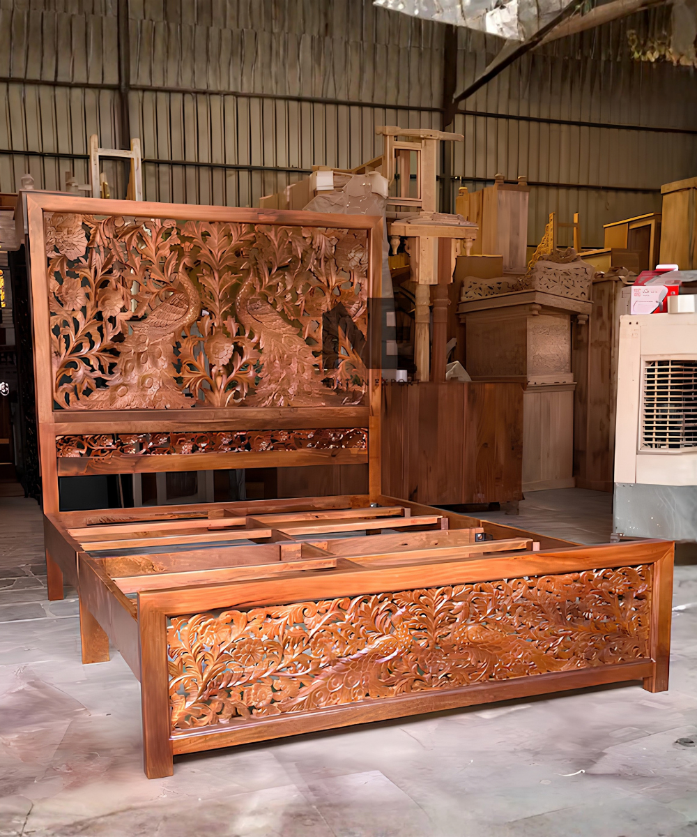 Hand-Carved Mango Wood Bed Peacock Floral Headboard & Footboard