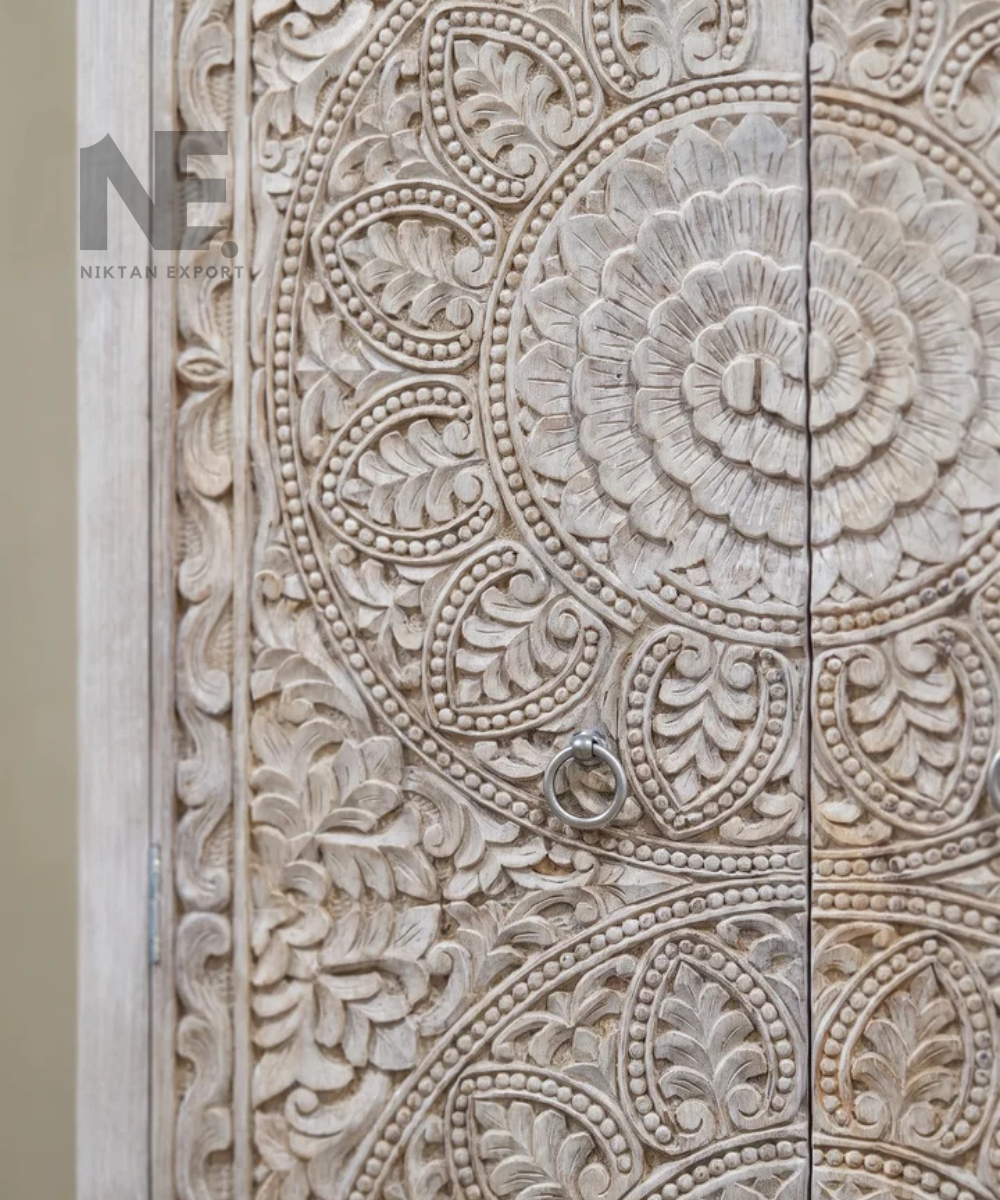 Tall wooden armoire with symmetrical mandala designs