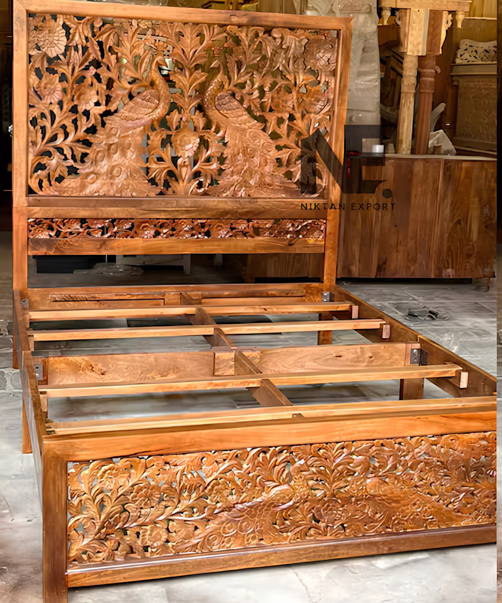 Hand-Carved Mango Wood Bed Peacock Floral Headboard & Footboard