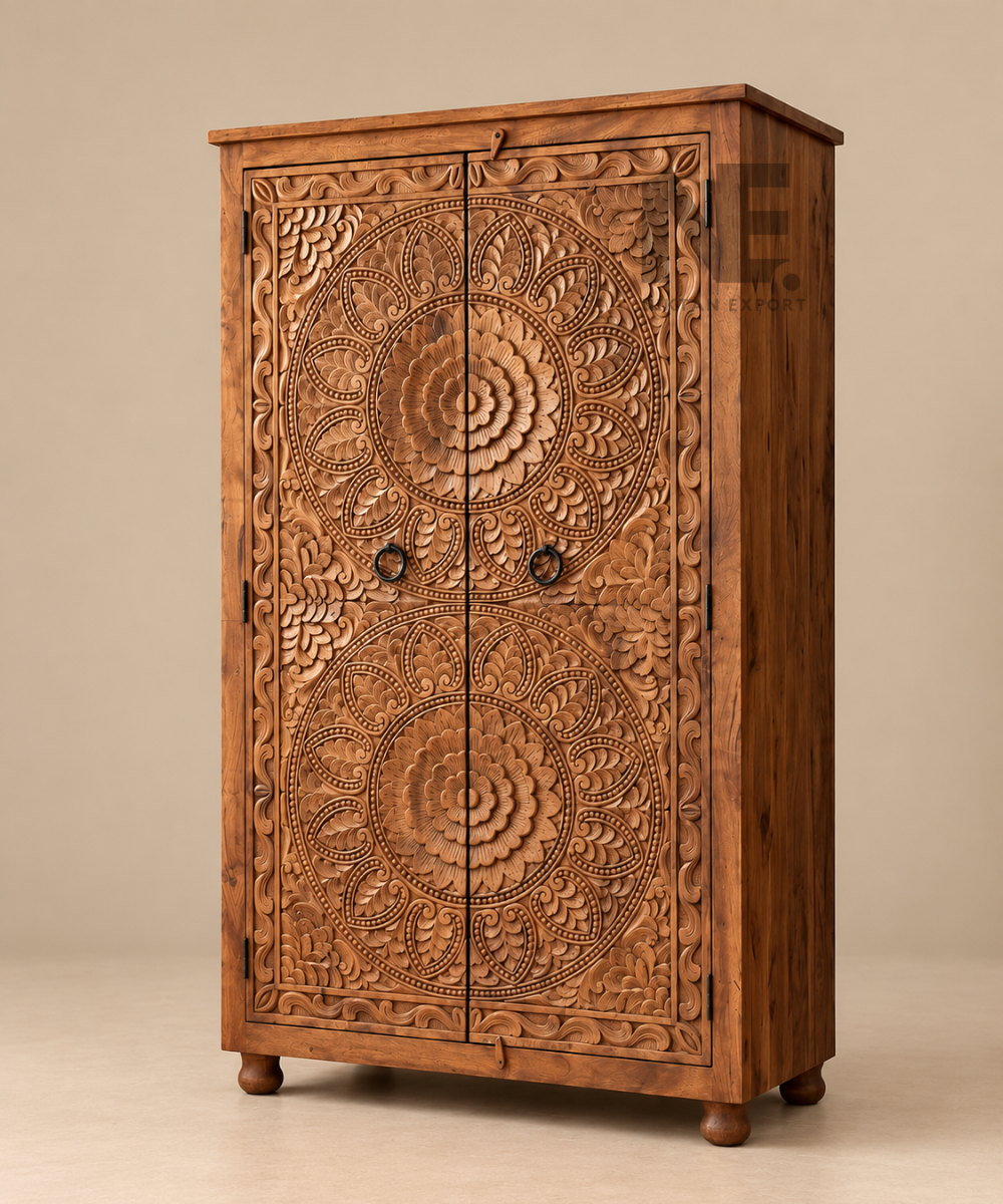 Front view of carved wooden wardrobe with two ornate doors