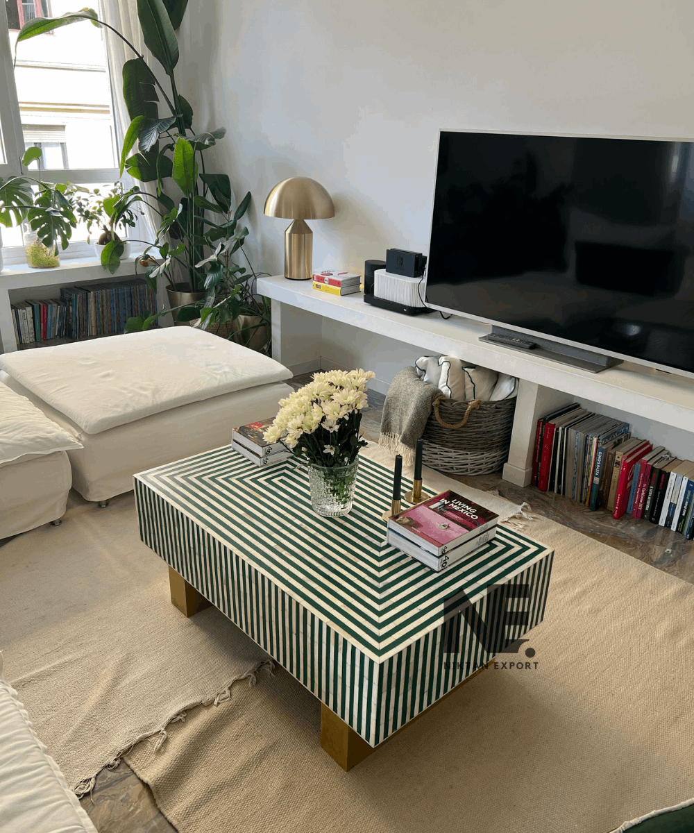 Handmade Green Bone Inlay Coffee Table – full front view