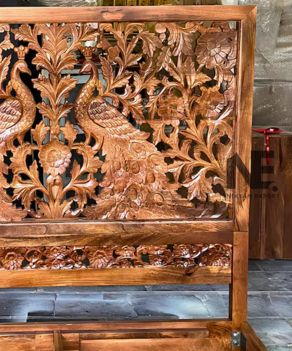 Hand-Carved Mango Wood Bed Peacock Floral Headboard & Footboard