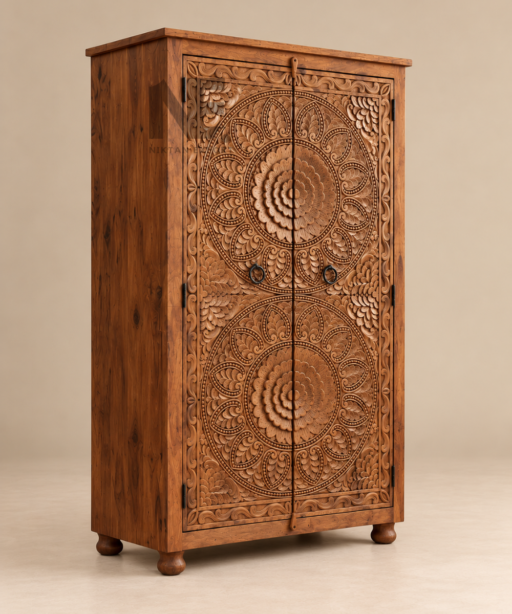 Brown wooden armoire with detailed floral mandala carvings